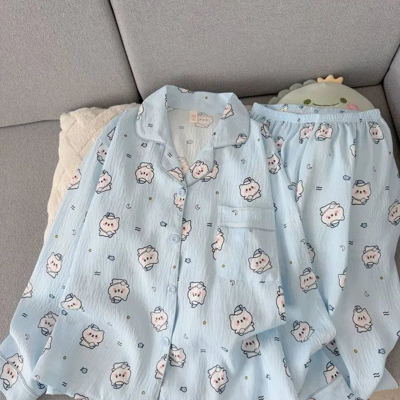 Light Blue Leopard Shirt & Pants 2 Piece Pajamas with Pocket Embroidery