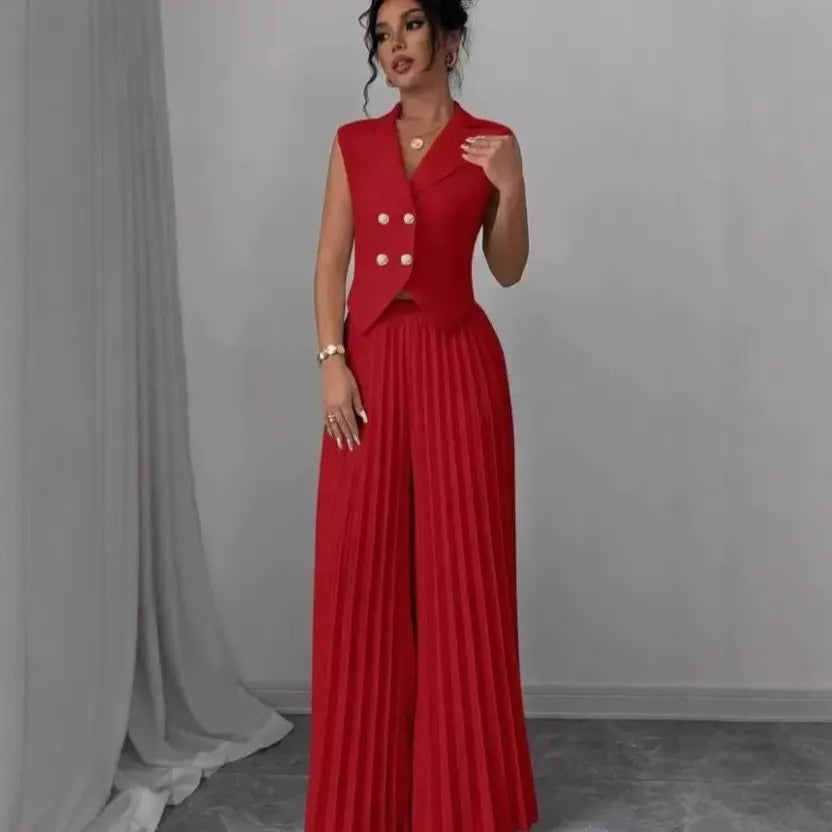 2 Piece Set Blazer Vest & Pleated Wide Leg Pants Outfit