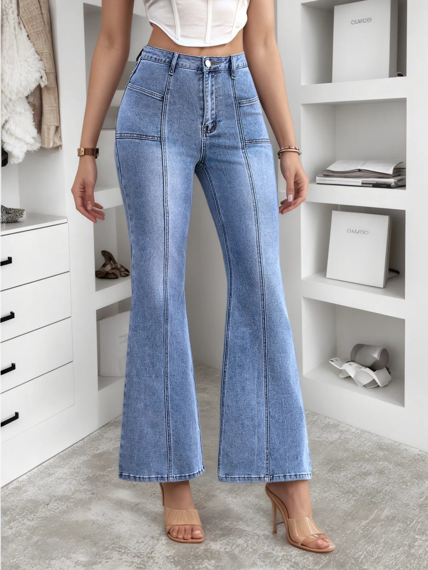 Mid-Rise Washed Solid Color Slim Flared Stretch Long Denim Jeans