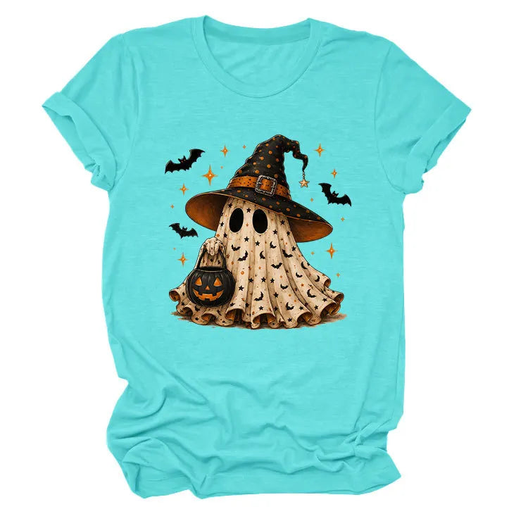 Halloween Ghost Witch Bat Print Crew Neck Short Sleeve T‑Shirt
