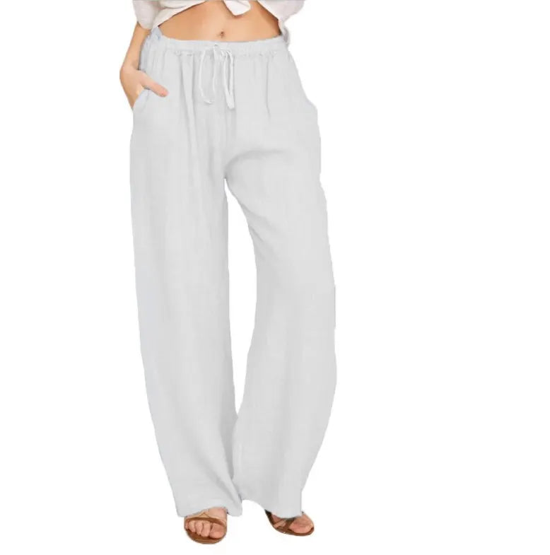 Lazy Day Outfit Blue Linen Drawstring High Waist Wide Leg Palazzo Pants