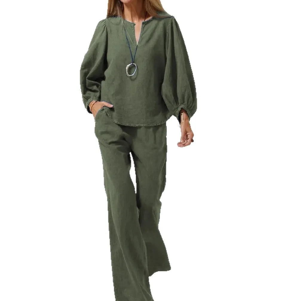V-Neck Puff Sleeve Top & Wide Leg Pants Solid Two-Piece Casual Set