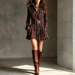 Long Sleeve Plaid Belted Pleated Mini Shirt Dress