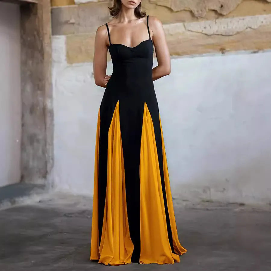 Black & White Contrast Spaghetti Strap High-Waisted A-Line Maxi Dress
