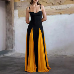 Black & White Contrast Spaghetti Strap High-Waisted A-Line Maxi Dress