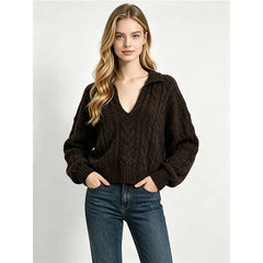 Cable Knit Polo V Neck Pullover Sweater