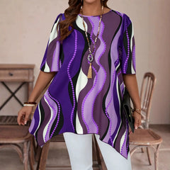 Round Neck Mid-Sleeve Abstract Wave Print Irregular Hanky Hem Loose Plus Size Tunic Top