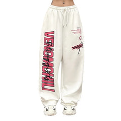Letter Print Elastic Waist Baggy Wide Leg Sweatpants