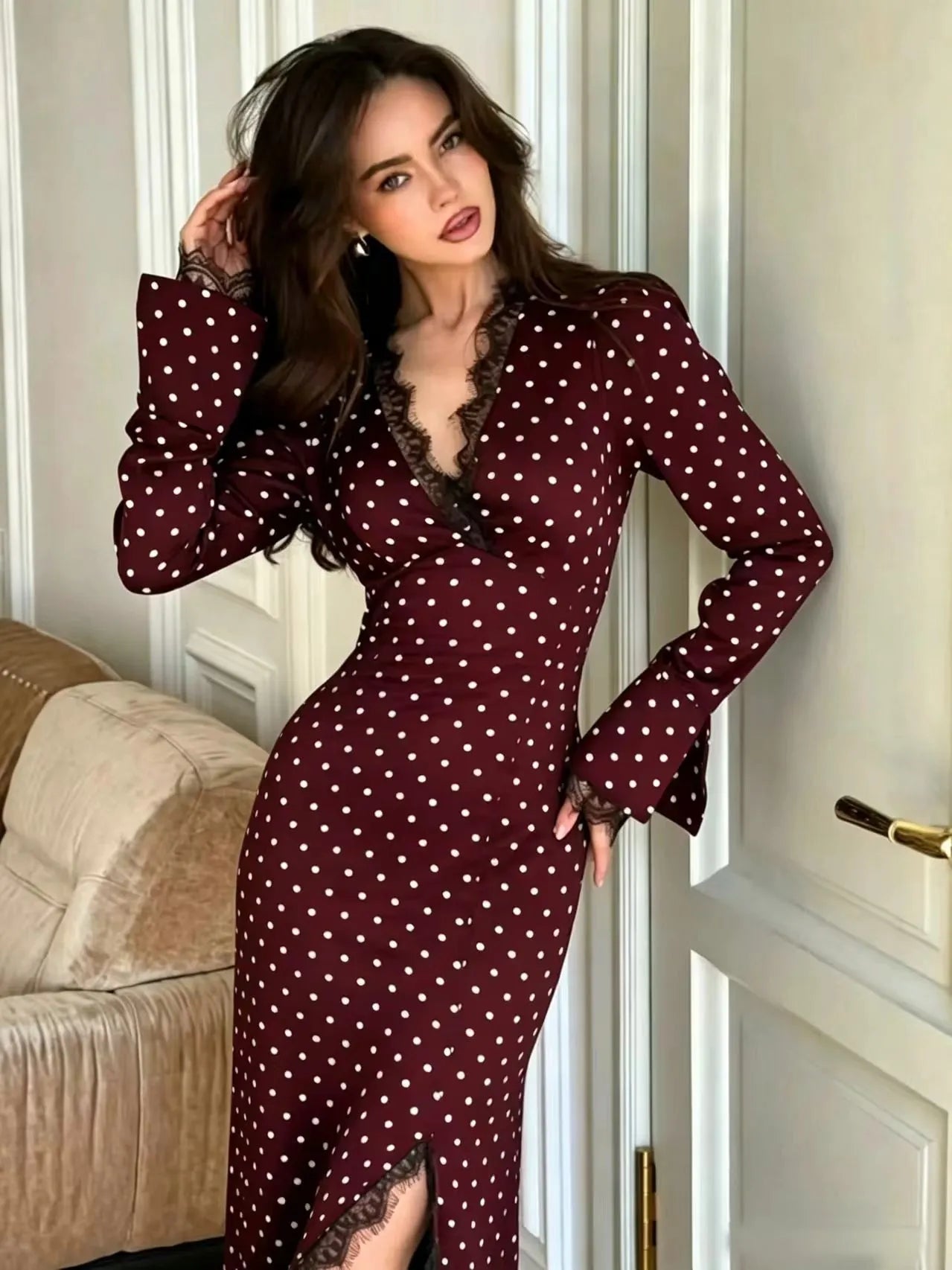 V-neck Polka Dot Lace Trim Long Midi Dress