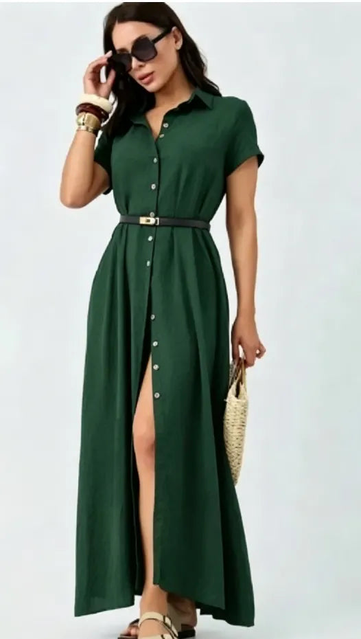 Lapel Single Breasted Short Sleeve Solid A-Line Maxi Shirt Dress