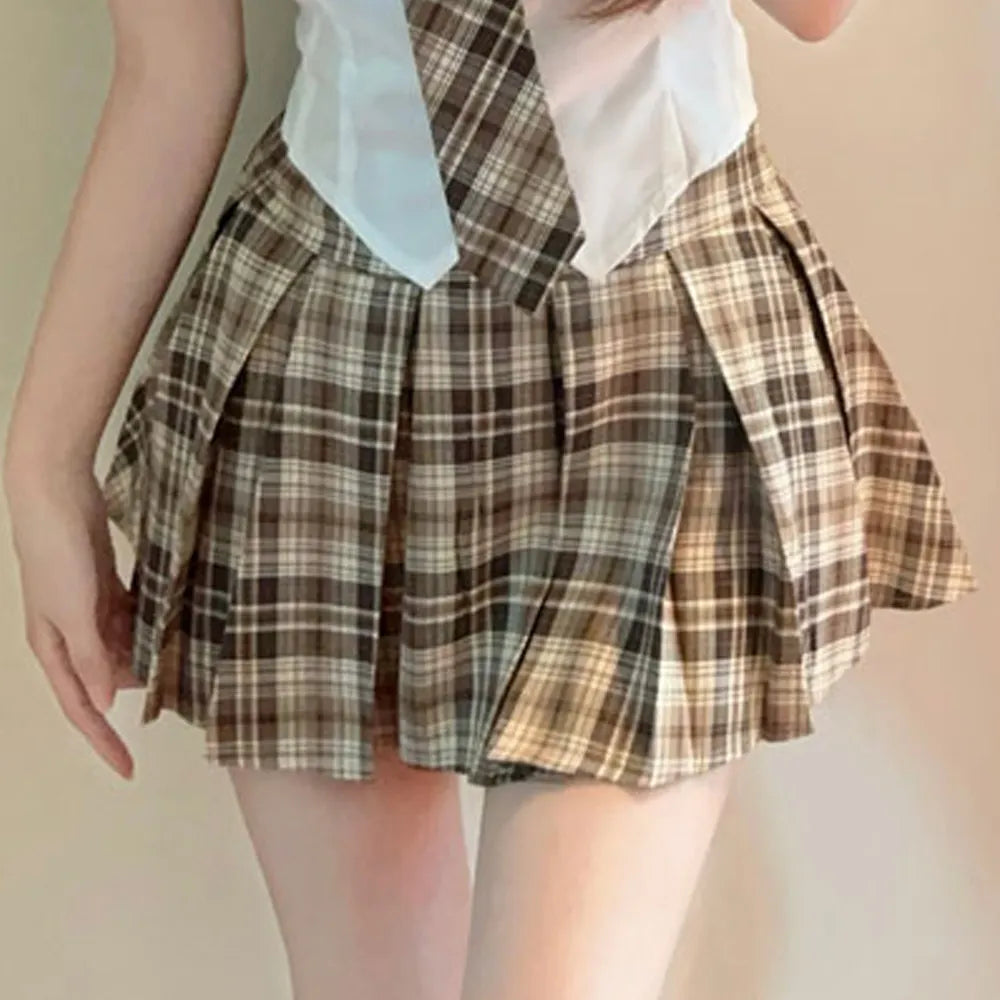 Schoolgirl Style Plaid Skirt & Fitted Shirt Two-Piece Set