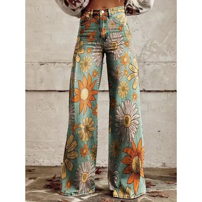 High Waist Western Cowboy Horse Print Wide Leg Pants