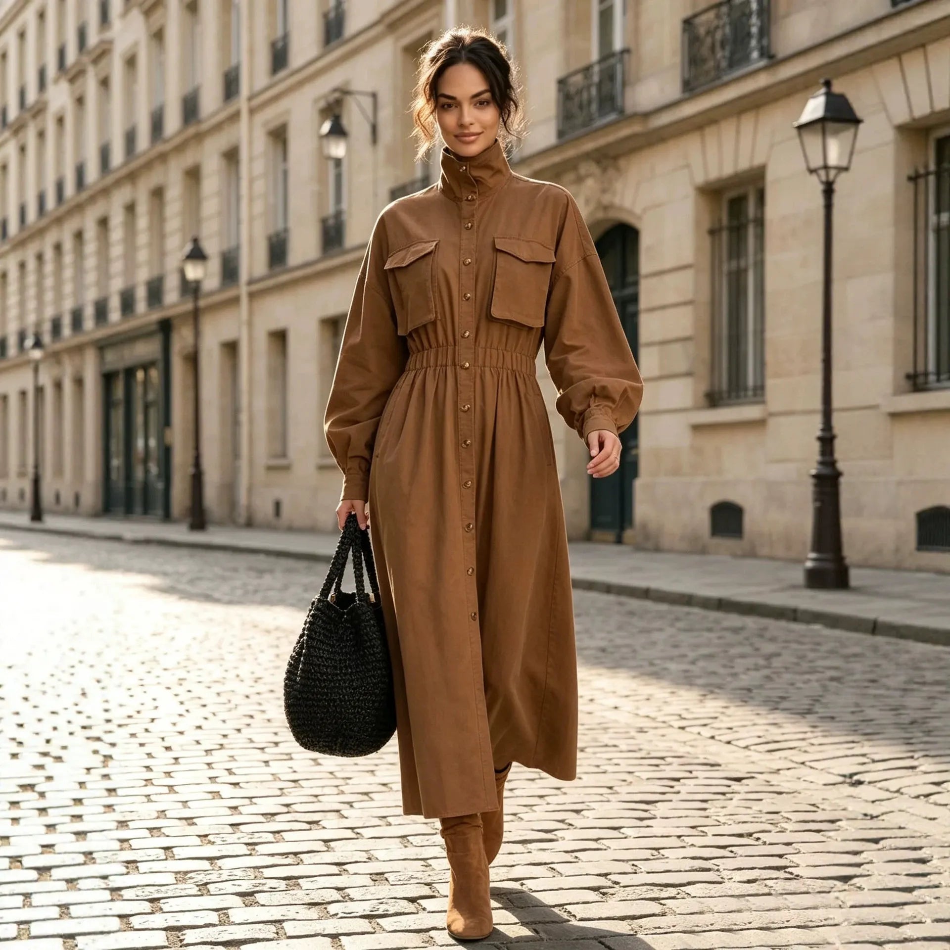 Ladies High Neck Button Down Midi Dress Long Sleeve Chest Pockets Cinched Waist Brown Autumn Dress