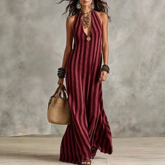 Striped Halter Neck Deep V-Neck Maxi Dress