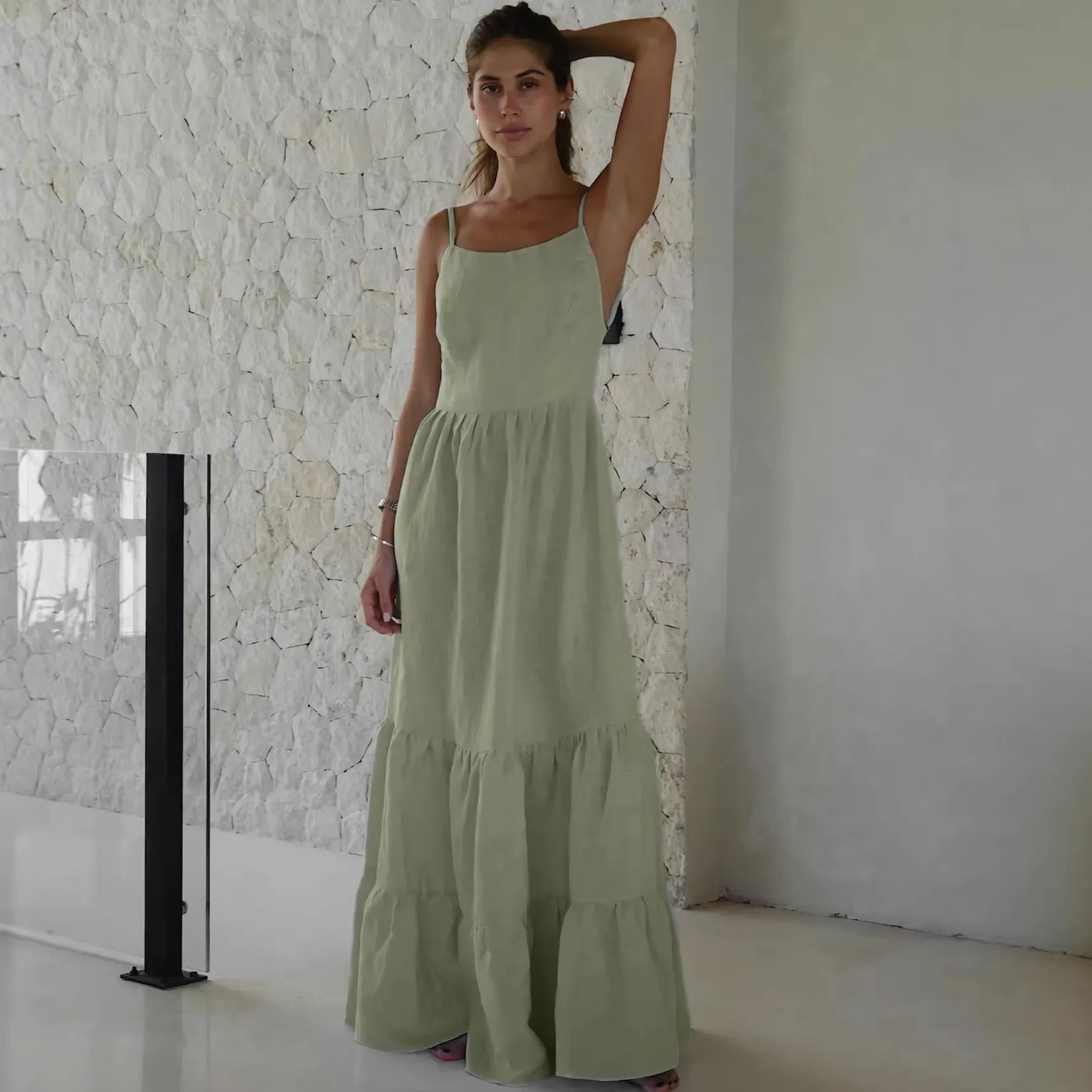 Solid Square Neck Spaghetti Strap Tiered Ruffle Cotton Maxi Dress