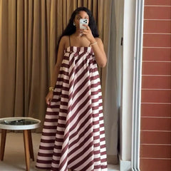 Diagonal Stripe Off Shoulder Spaghetti Strap Maxi Dress Loose Flowy Casual Campus Daily Dress