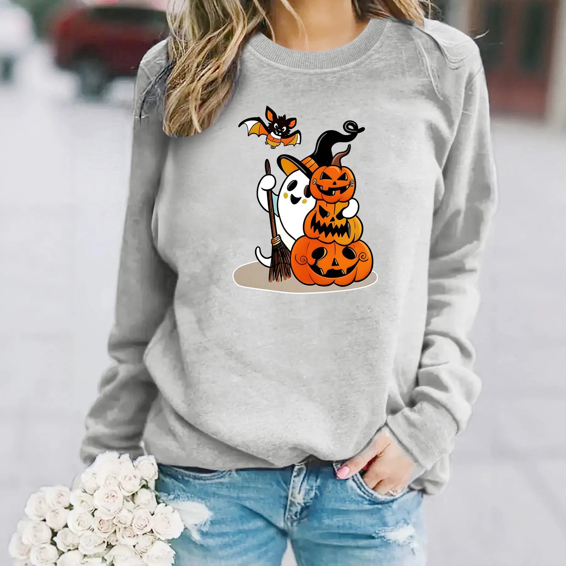 Halloween Ghost Pumpkin Bat Graphic Sweatshirt