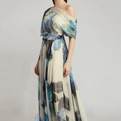 Watercolor Floral Asymmetrical Off-Shoulder Chiffon Maxi Dress