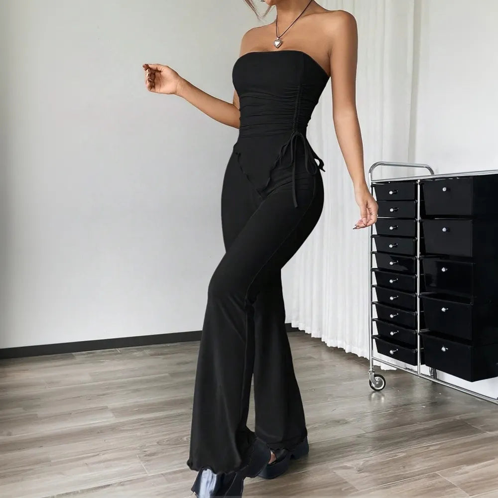 Strapless Ruched Drawstring Crop Top & Flare Pants Two Piece Set