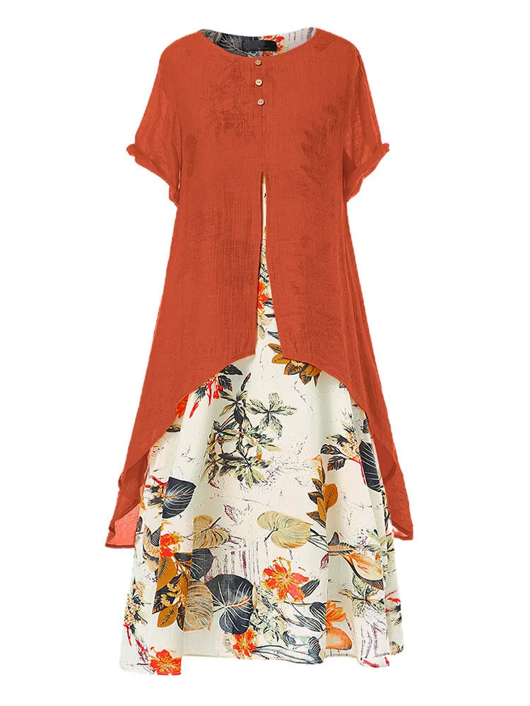 Fake Two-Piece Printed Linen Midi Dress