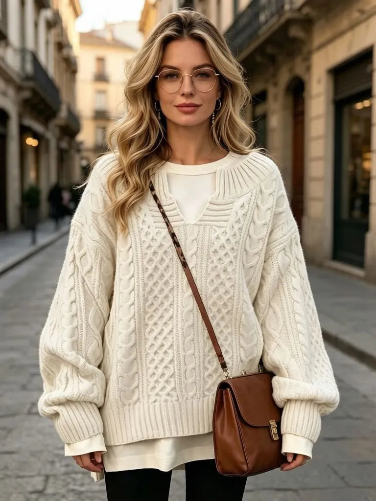 Textured Cable Knit Sweater, Notched V Neck Casual Warm Oversized Pullover