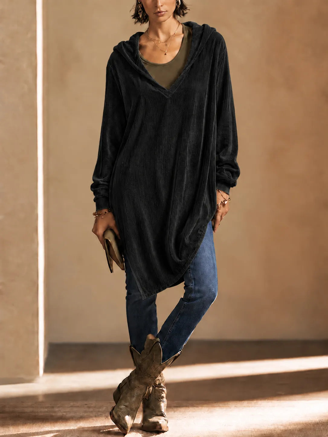 Loose Fit Corduroy V-Neck Hooded Long Sleeve Tunic Top