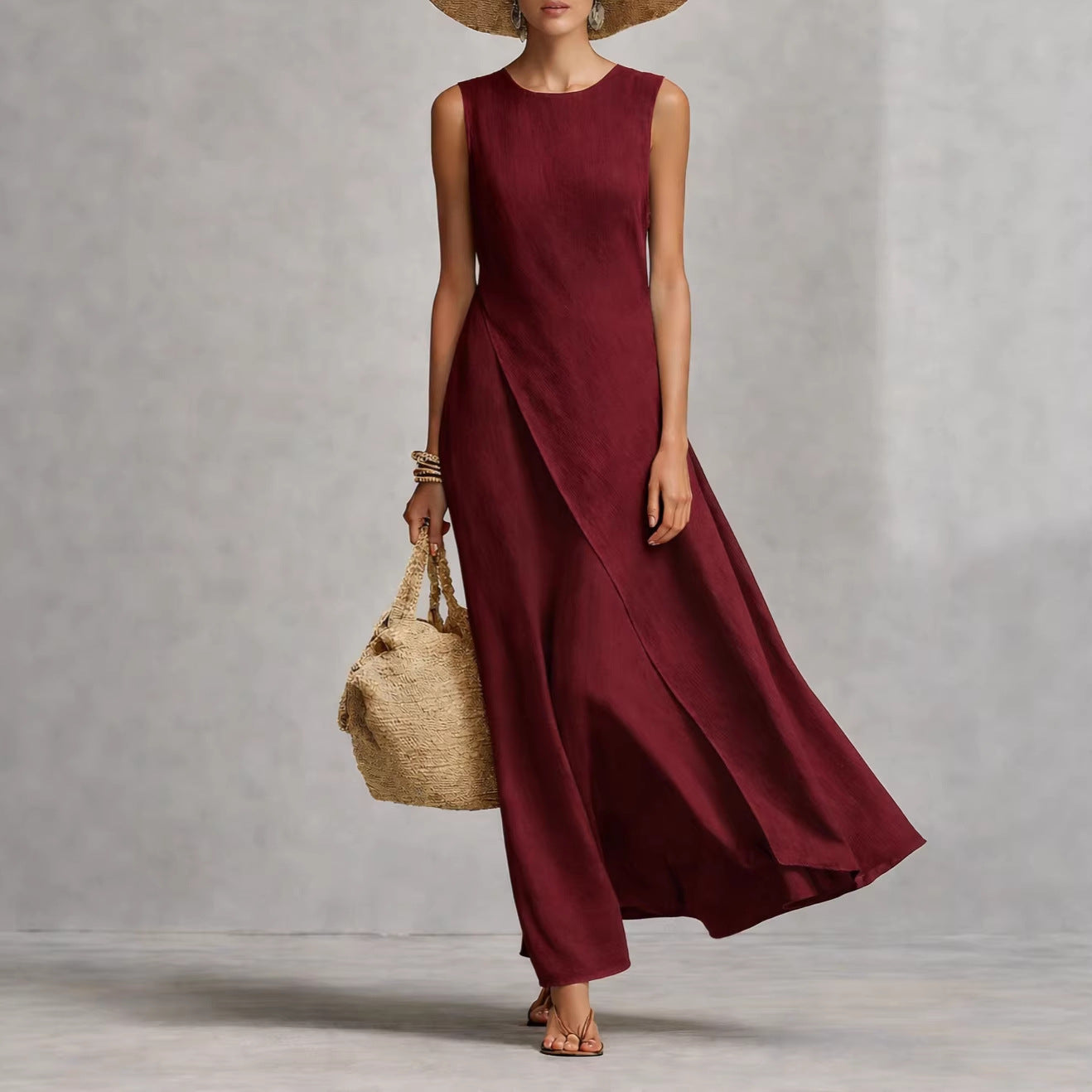 Round Neck Wrap Overlay Sleeveless Linen Maxi Dress