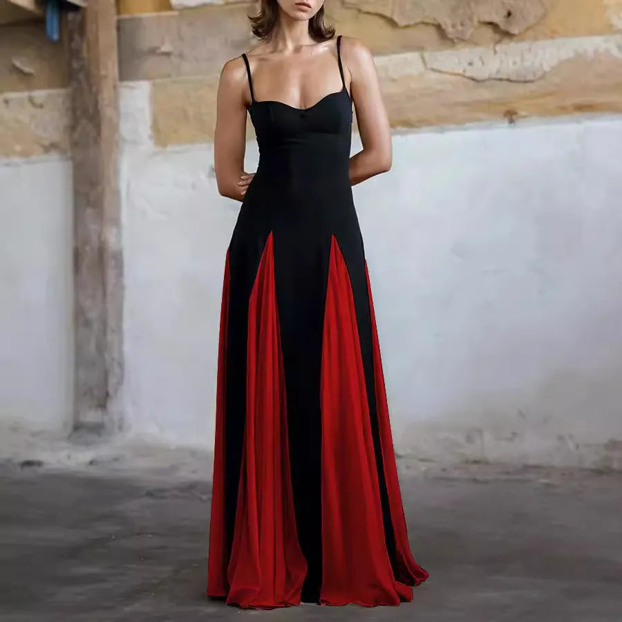 Black & White Contrast Spaghetti Strap High-Waisted A-Line Maxi Dress