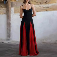 Black & White Contrast Spaghetti Strap High-Waisted A-Line Maxi Dress