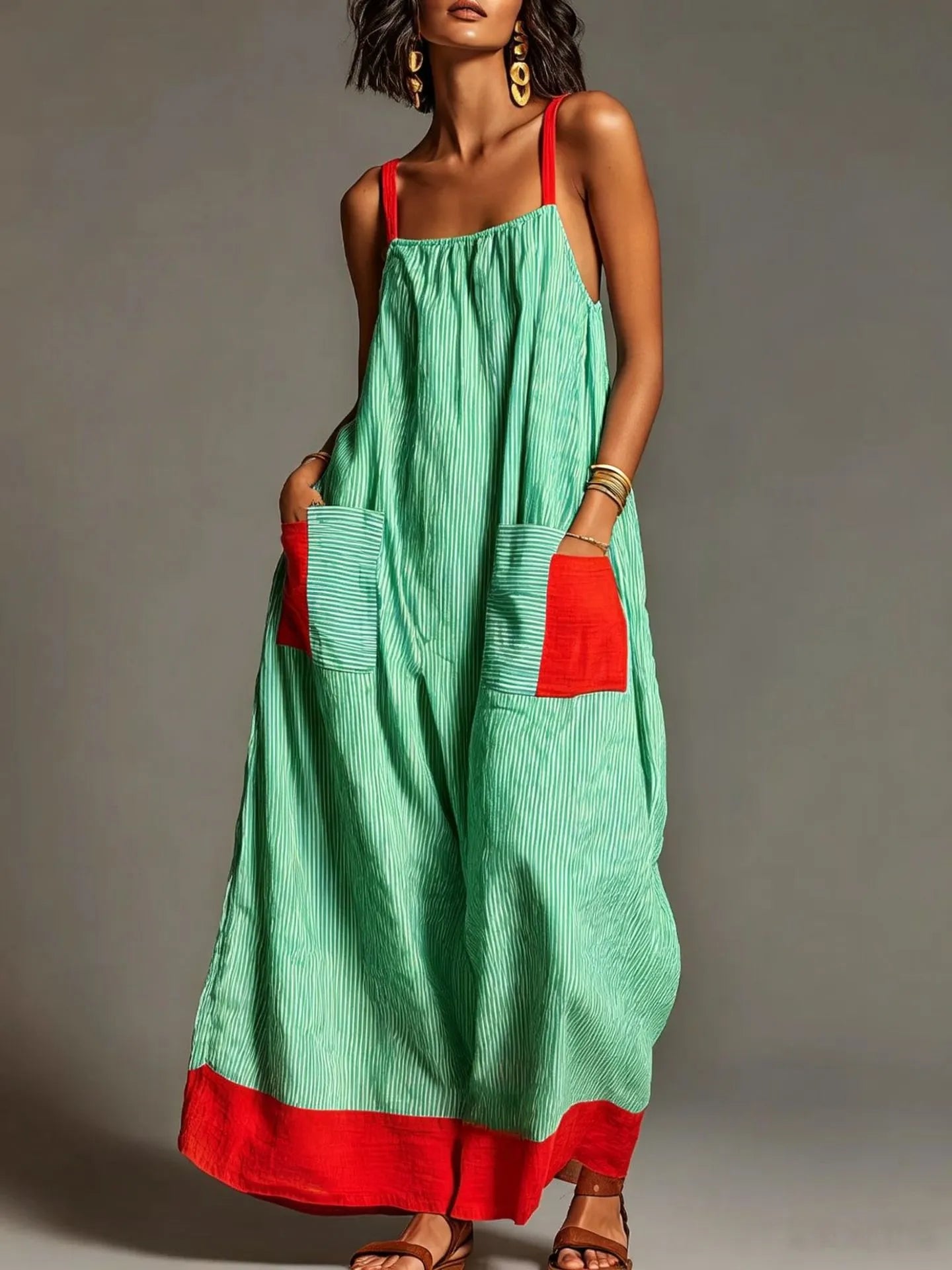 Stripe Color Block Pocket Sling Long Dress