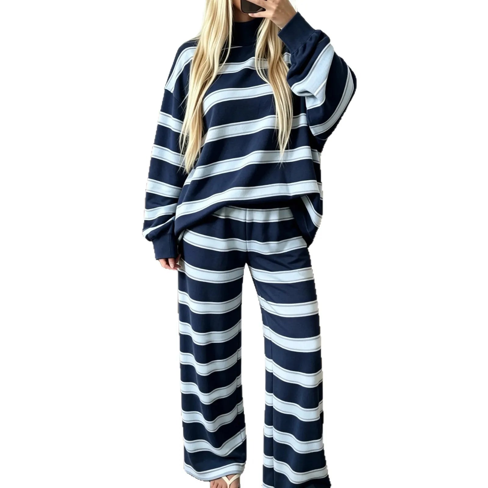 Casual Striped Matching Two Piece Set, Cozy Mock Neck Sweatshirt and Wide Leg Trousers