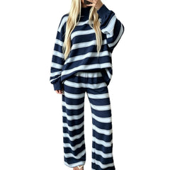 Casual Striped Matching Two Piece Set, Cozy Mock Neck Sweatshirt and Wide Leg Trousers