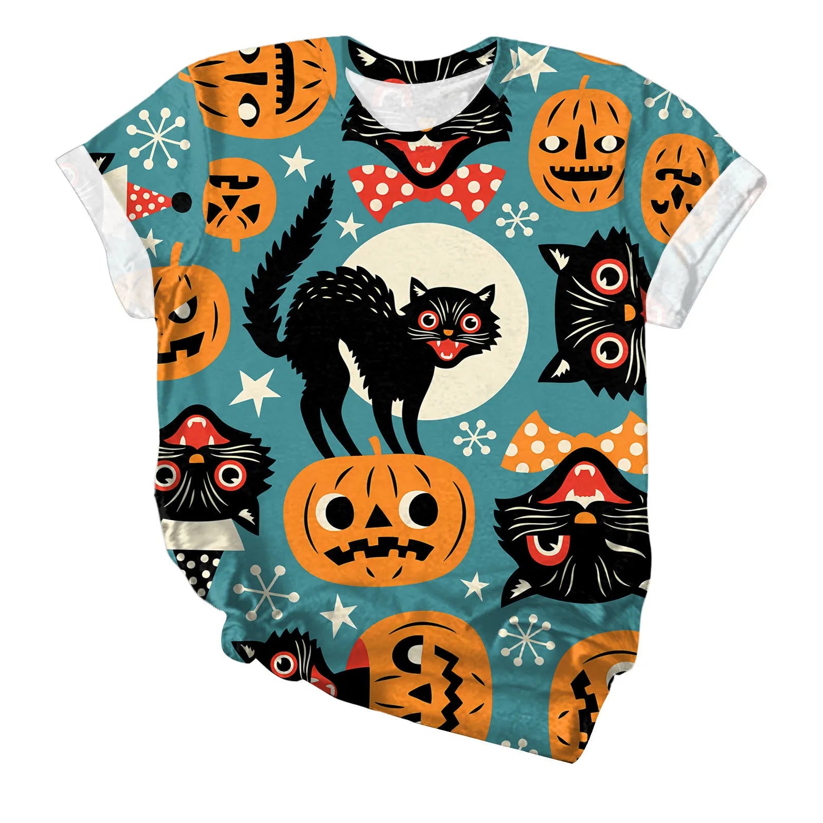 Halloween Black Cat Pumpkin Print Crew Neck Short Sleeve T‑Shirt