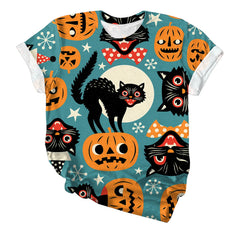 Halloween Black Cat Pumpkin Print Crew Neck Short Sleeve T‑Shirt