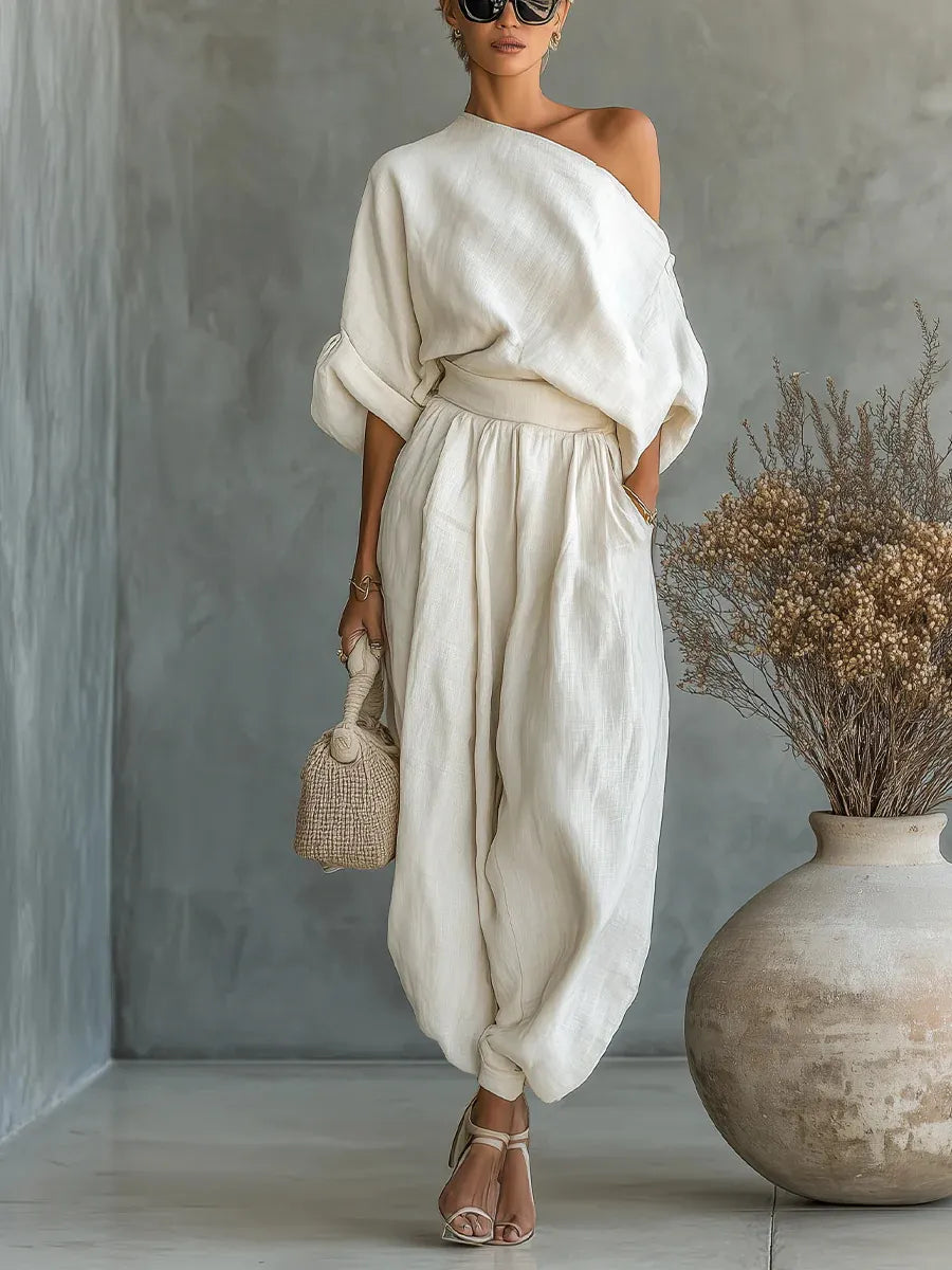 One-Shoulder Blouse & High-Waisted Harem Pants Set