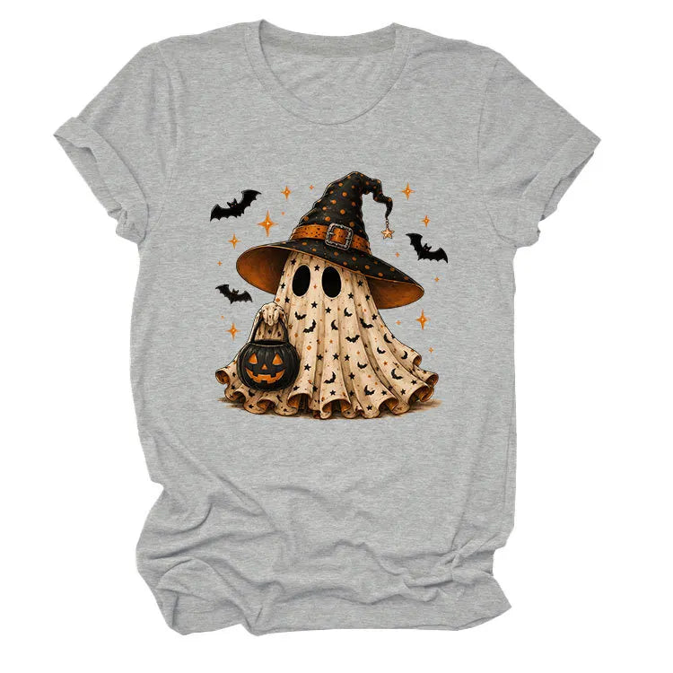 Halloween Ghost Witch Bat Print Crew Neck Short Sleeve T‑Shirt