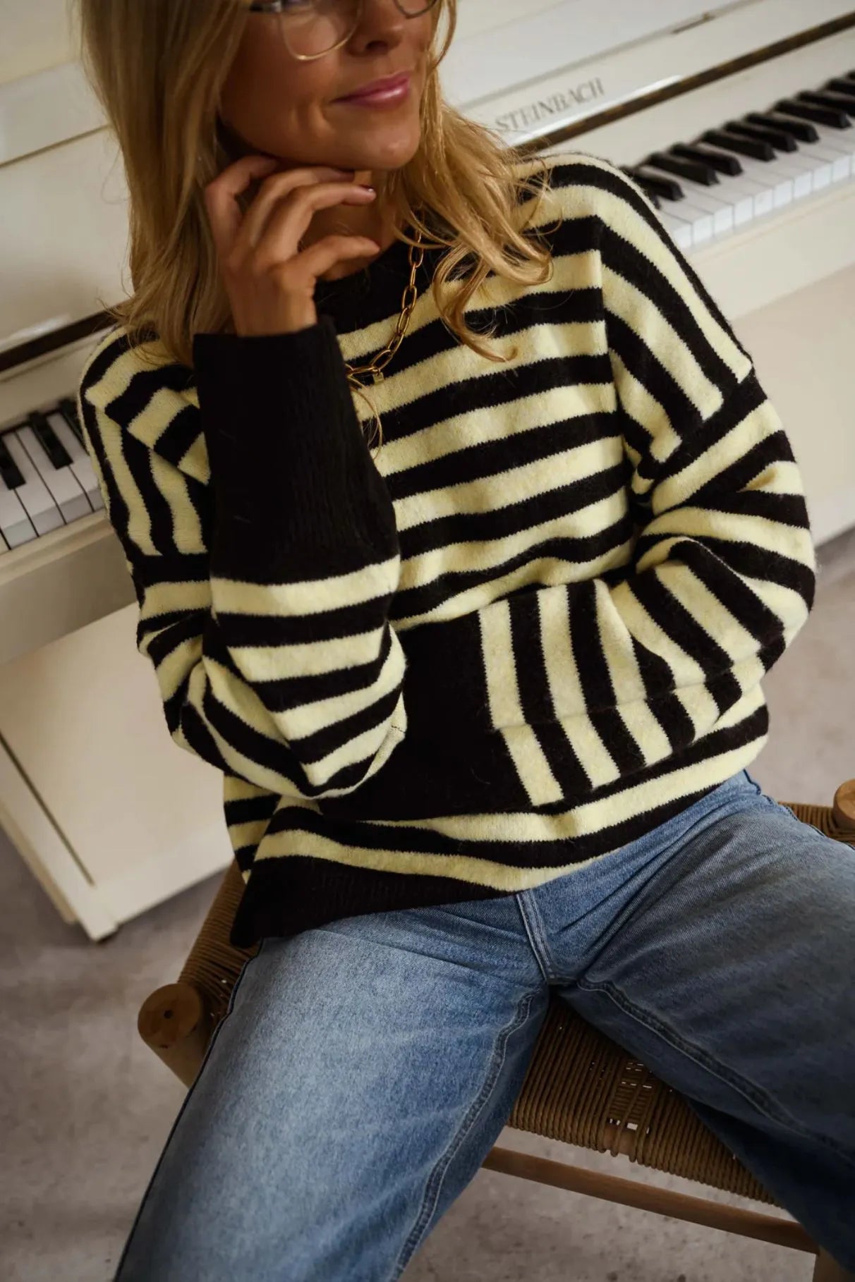 Bold Striped Loose Knit Jumper Crew Neck Drop Shoulder Casual Long Sleeve Sweater