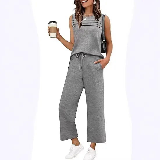 Solid Sleeveless Striped Detail Tank Top & Drawstring Cropped Pants