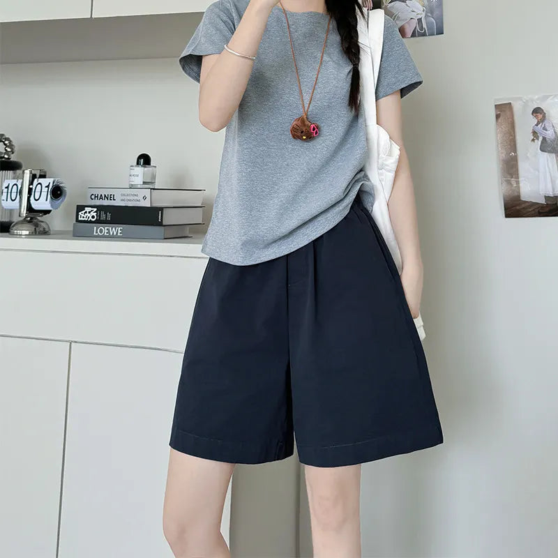 High Waist Elastic Waistband Micro-Stretch Cotton Wide-Leg Five-Point Shorts