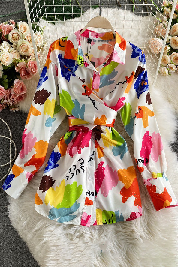 Lapel Shirt Buttons Mini Dress