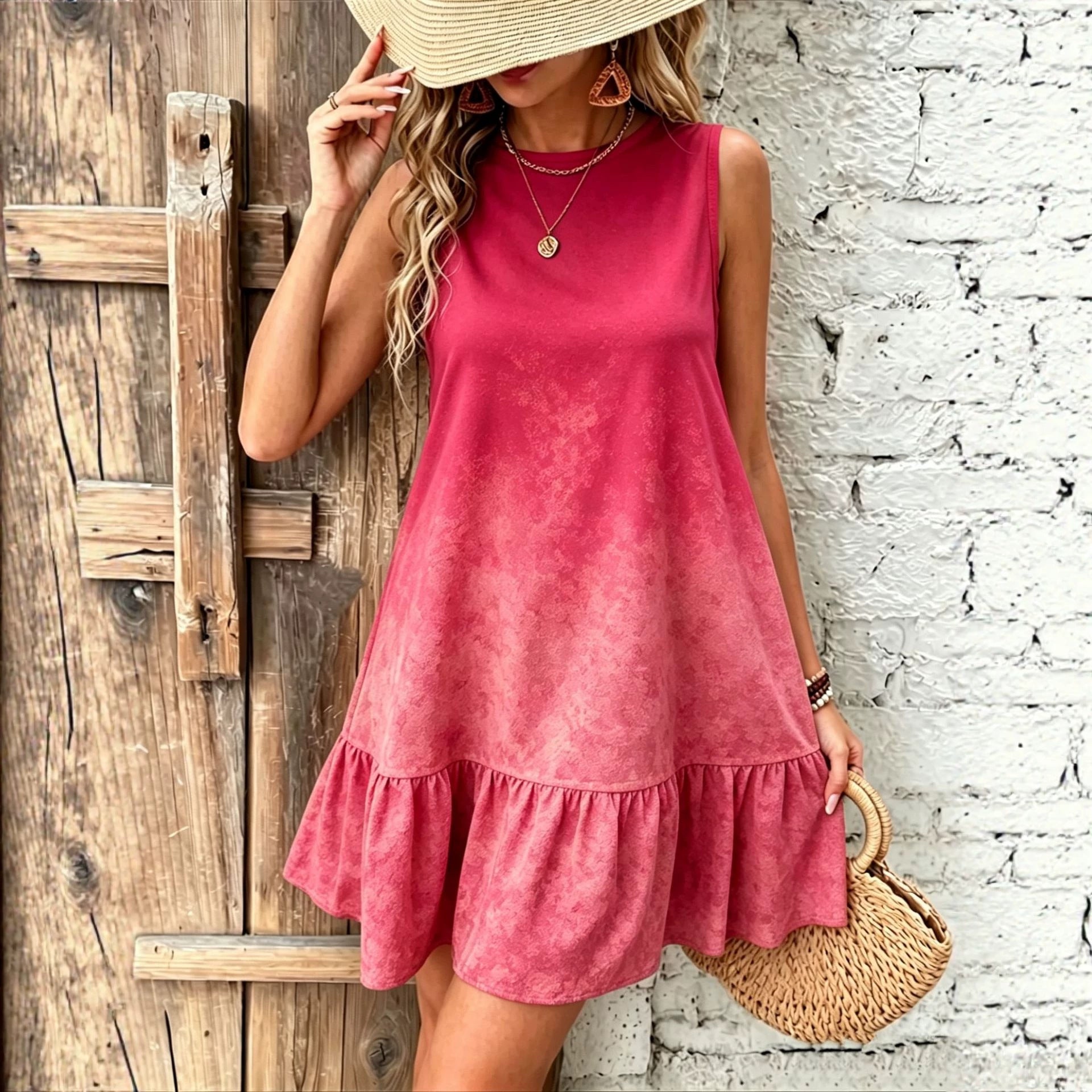 Green Gradient Round Neck Sleeveless Ruffle Hem Mini Dress