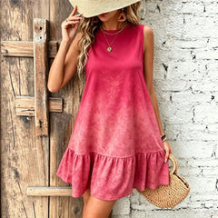 Green Gradient Round Neck Sleeveless Ruffle Hem Mini Dress