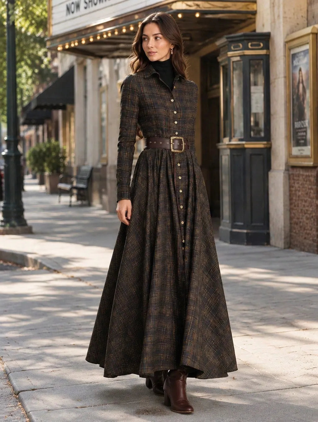 Plaid Long Sleeve Collared Maxi Shirt Dress