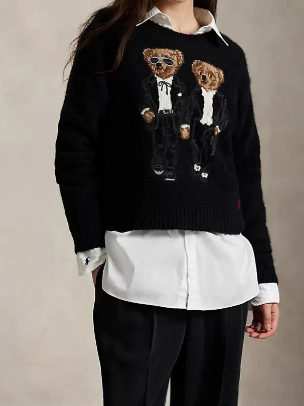 Cartoon Bear Applique Crew Neck Pullover Sweater