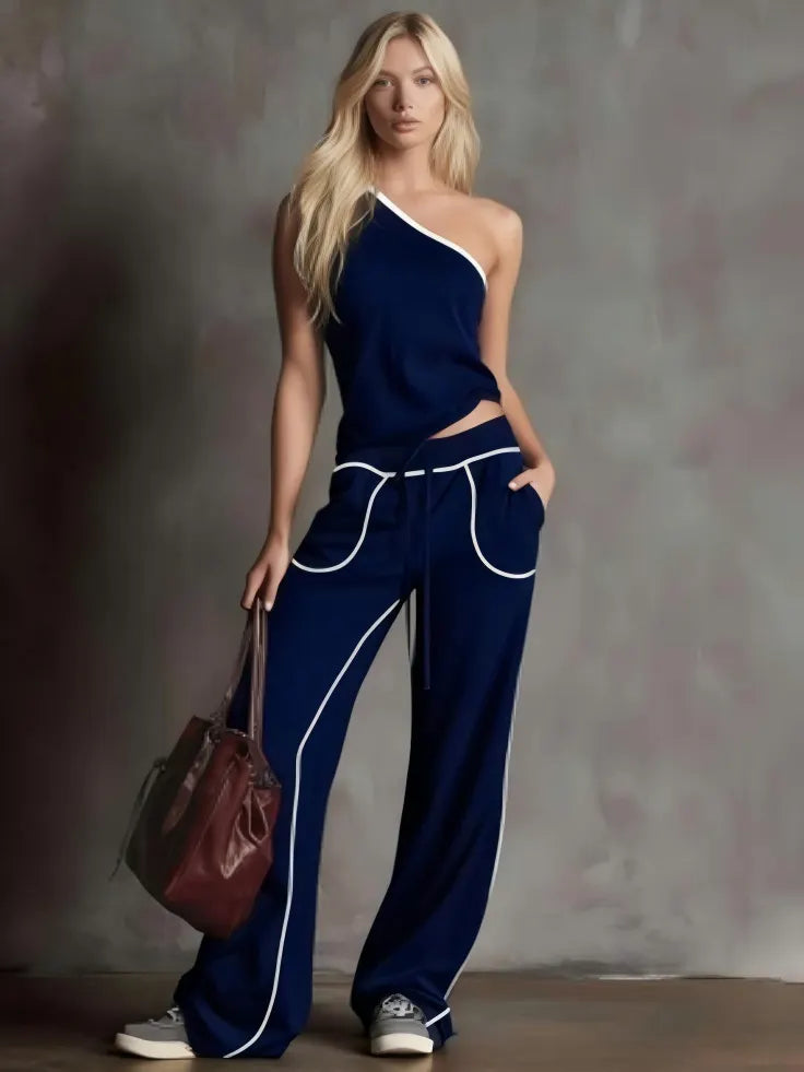 Contrast Piping One Shoulder Tank & Wide Leg Pants Two Piece Tracksuit Set