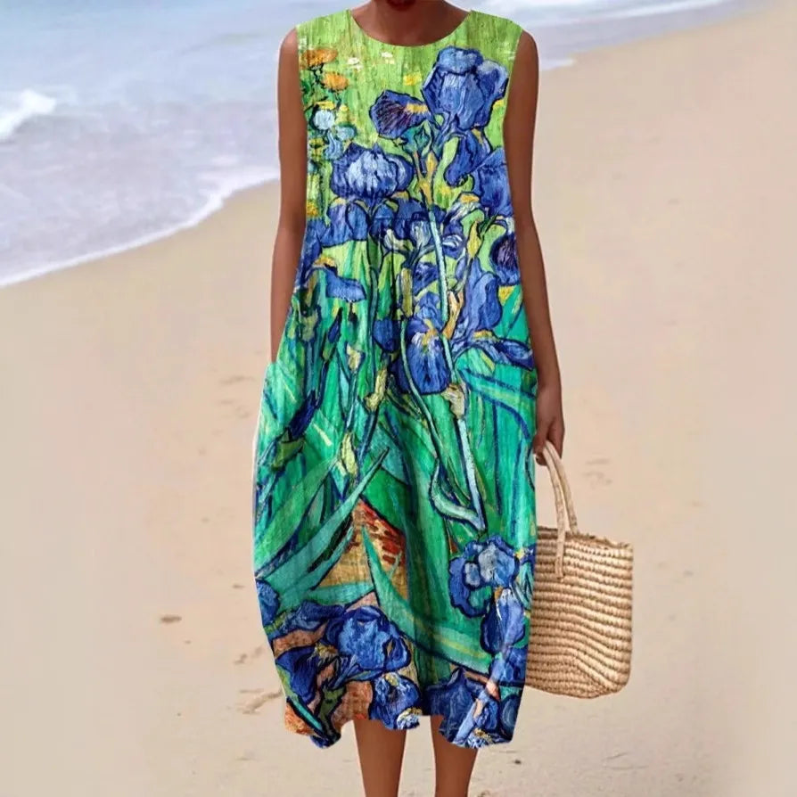 Round Neck Sleeveless 3D Floral Print Loose A-Line Midi Dress
