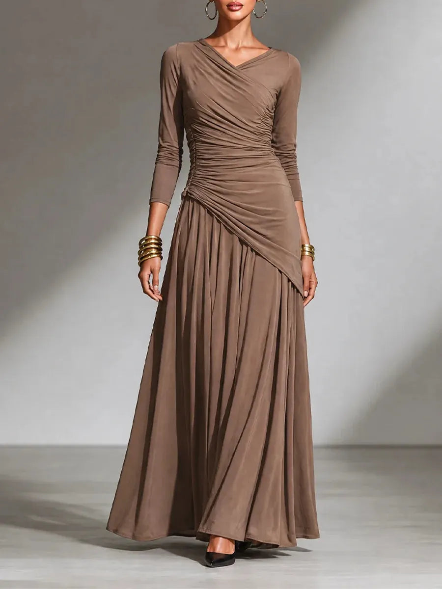 Elegant Long Sleeve Maxi Dress, Surplice V Neck Side Ruched Asymmetrical Flowy Gown
