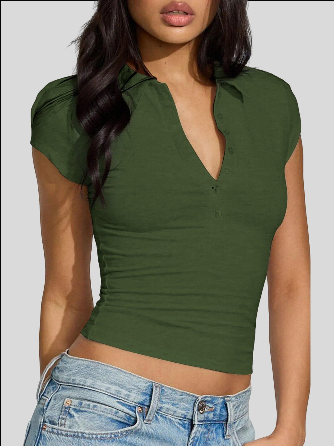 Henley Neck Ribbed Crop Top, Short Sleeve Form-Fitting Casual Polo Shirt