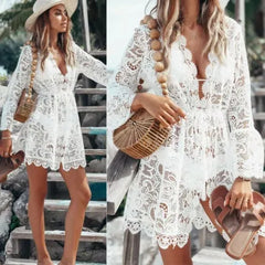 V-Neck Long Flare Sleeve Hollow Lace Drawstring Waist Cover-Up Romper Dress