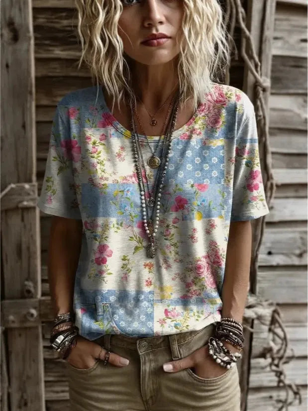 3D Color Block Print V Neck Rolled Short Sleeve Casual Tee